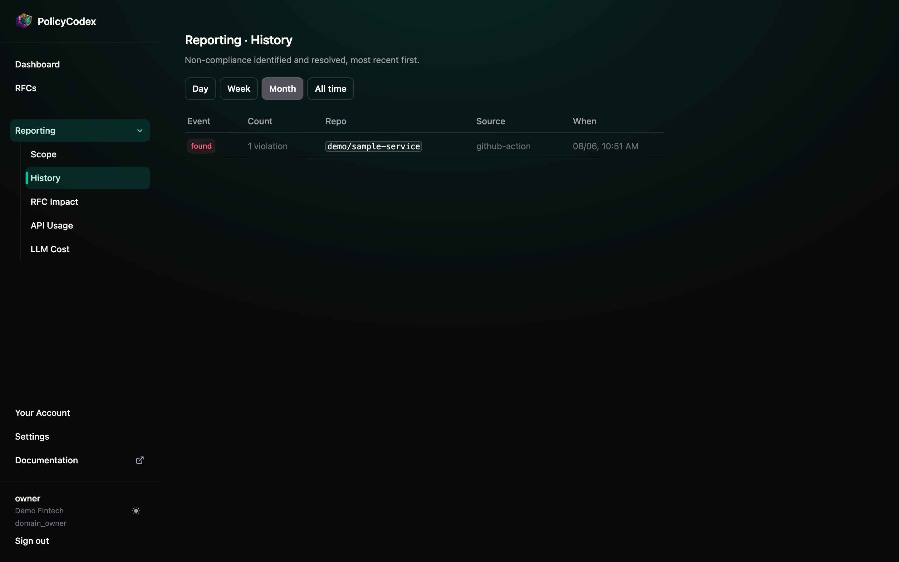 Reporting → History with the period filter and a single-row table of violation events