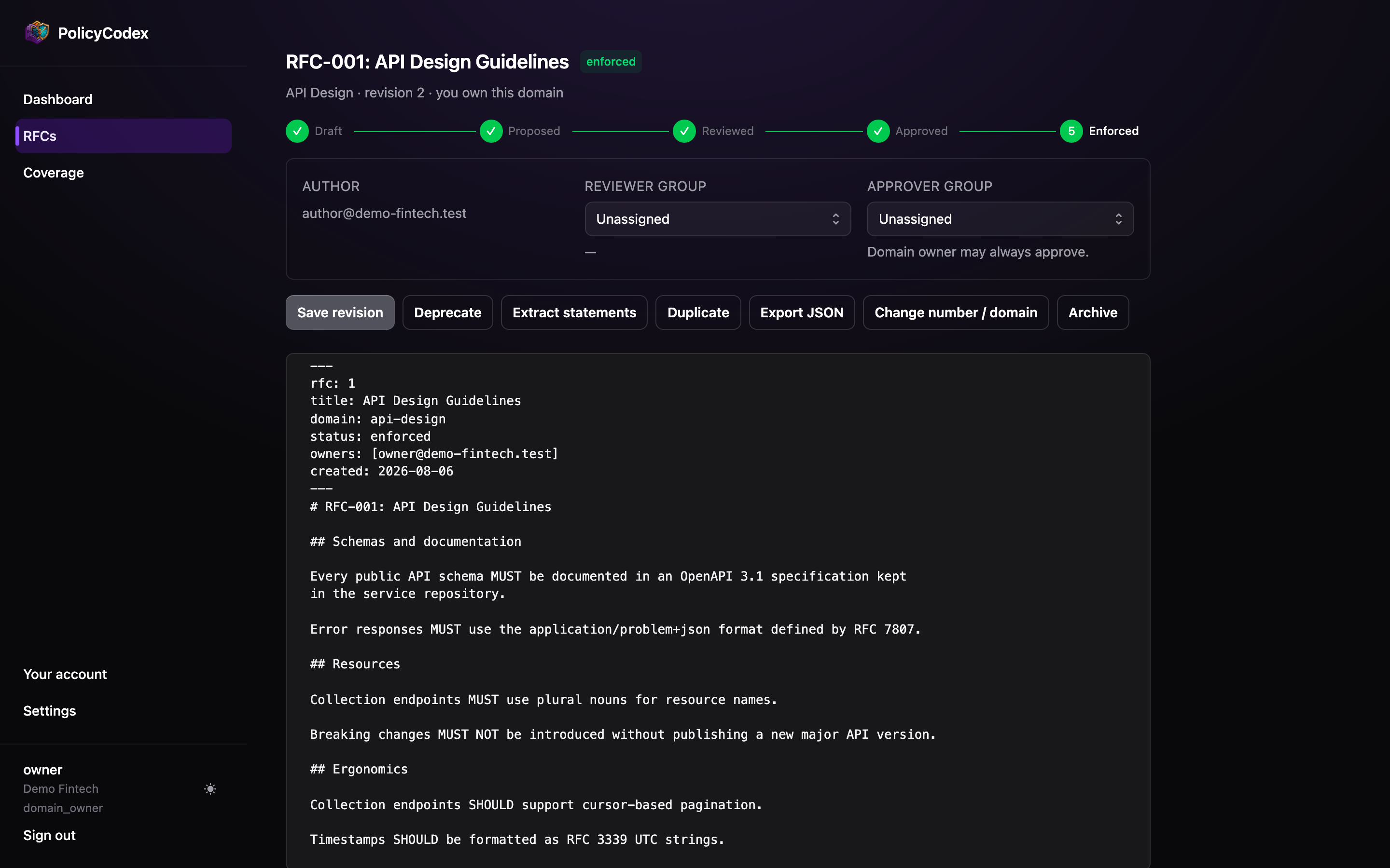 An enforced RFC showing the workflow stepper with Draft, Proposed, Reviewed, Approved and Enforced steps complete
