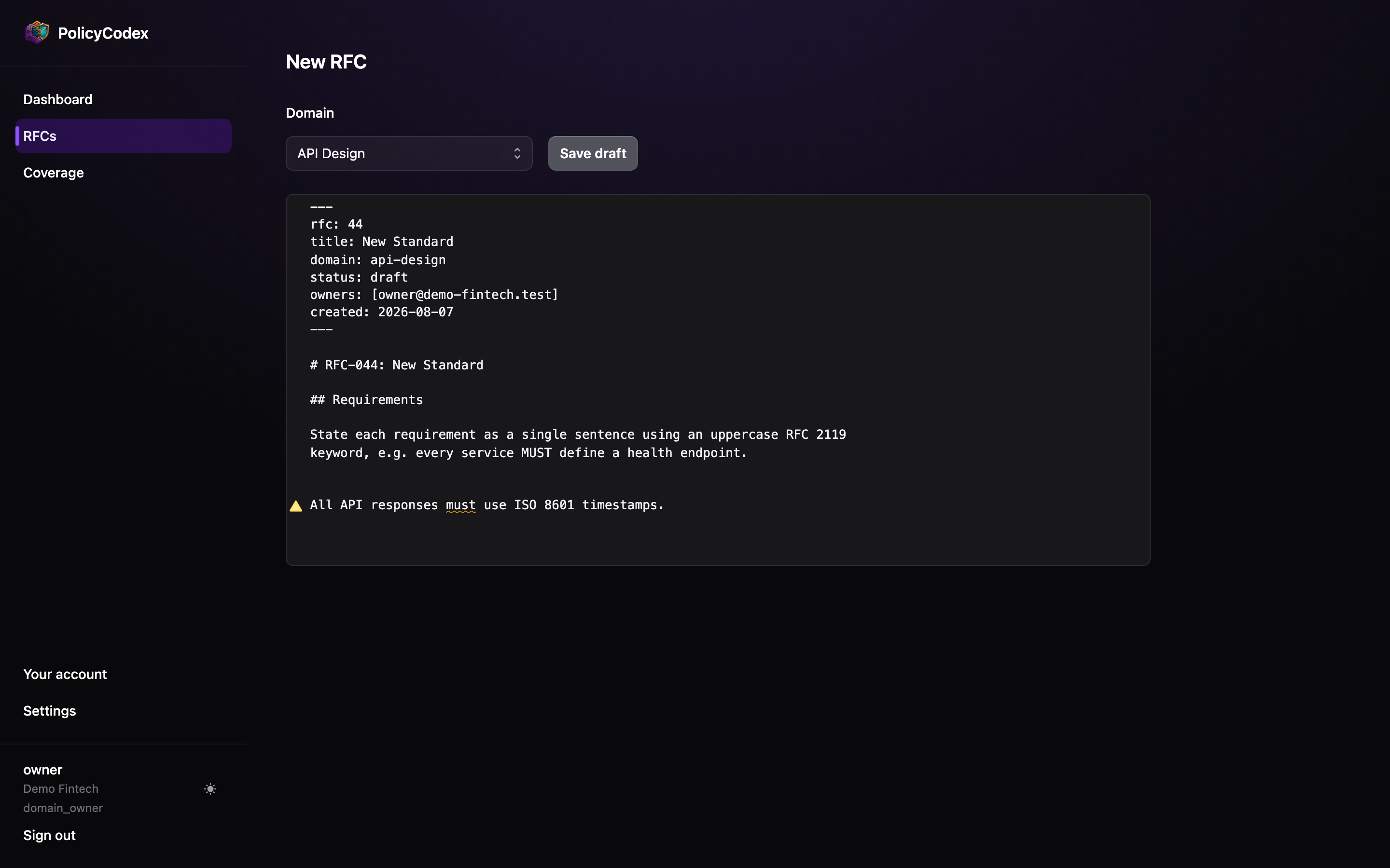The Markdown editor flagging a lowercase 'must' with a warning marker