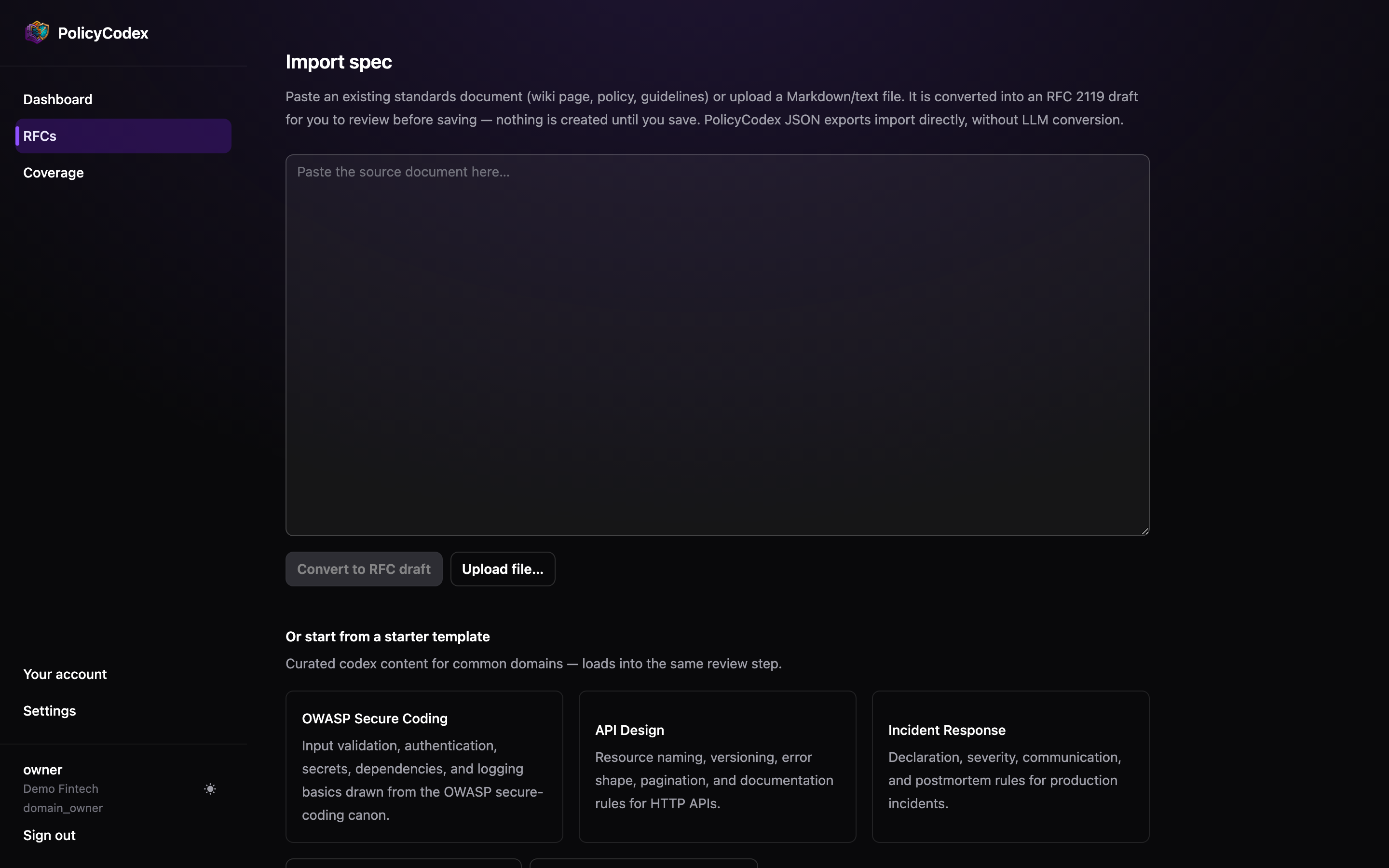 The Import spec screen with a paste area, file upload, and starter templates for OWASP Secure Coding, API Design and Incident Response