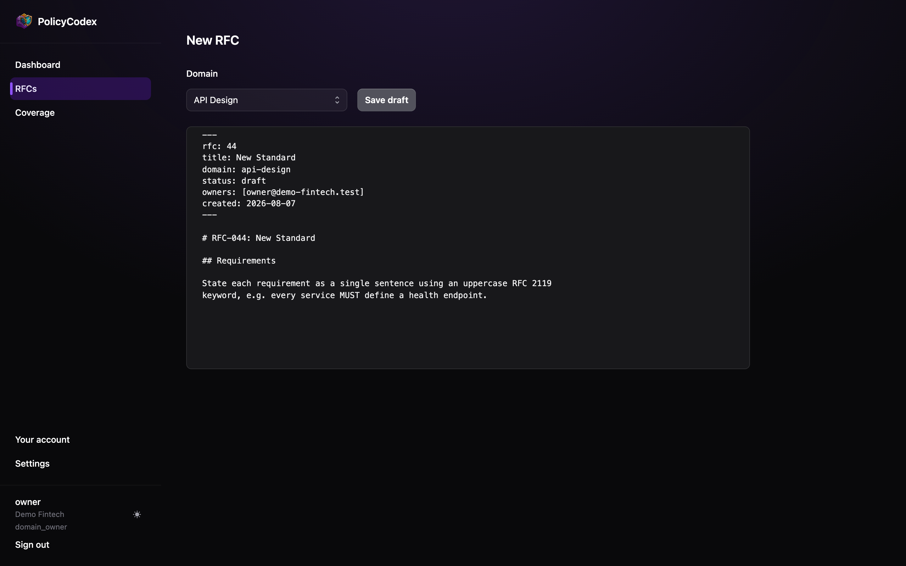 The New RFC screen with a domain selector and a pre-filled Markdown scaffold