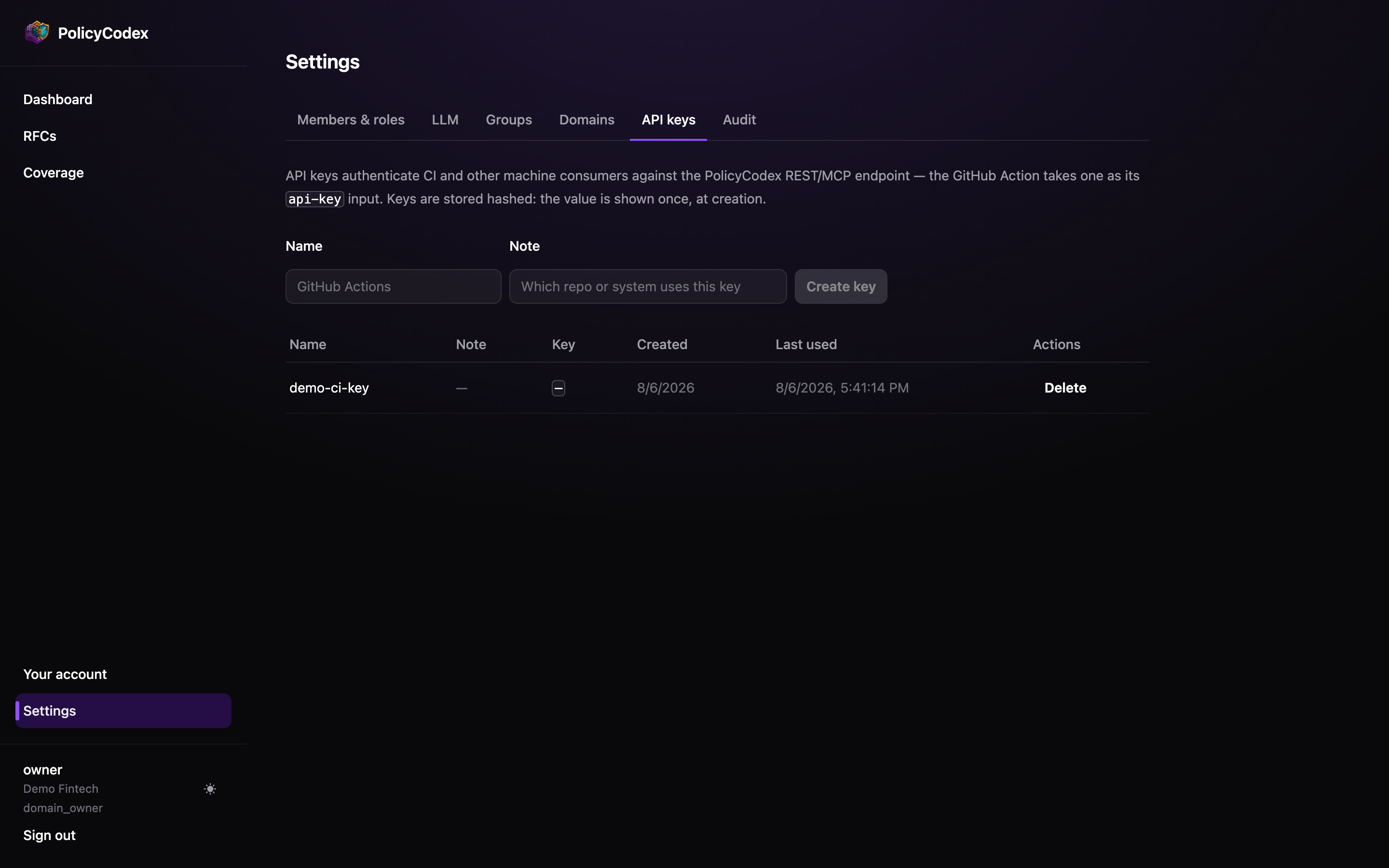 The API keys tab in Settings, listing keys with name, note, masked key, created and last used