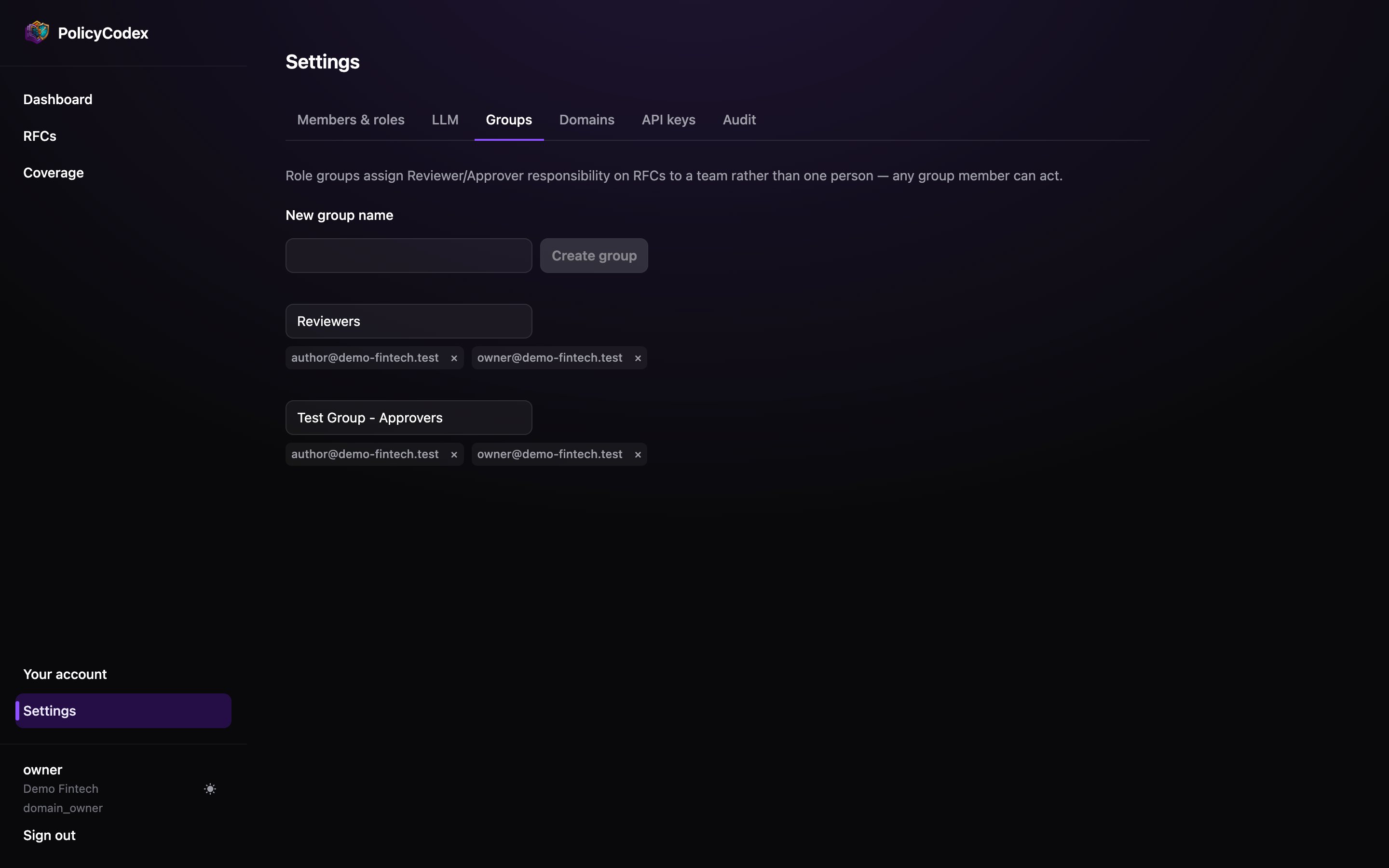 The Groups tab in Settings, showing role groups and their members