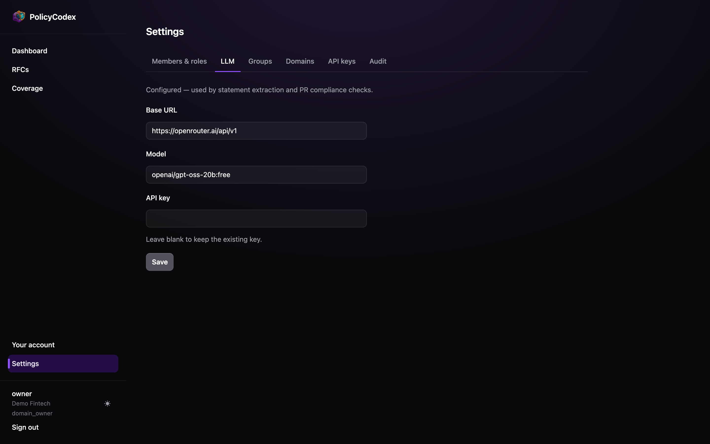 The LLM tab in Settings with Base URL, Model and API key fields