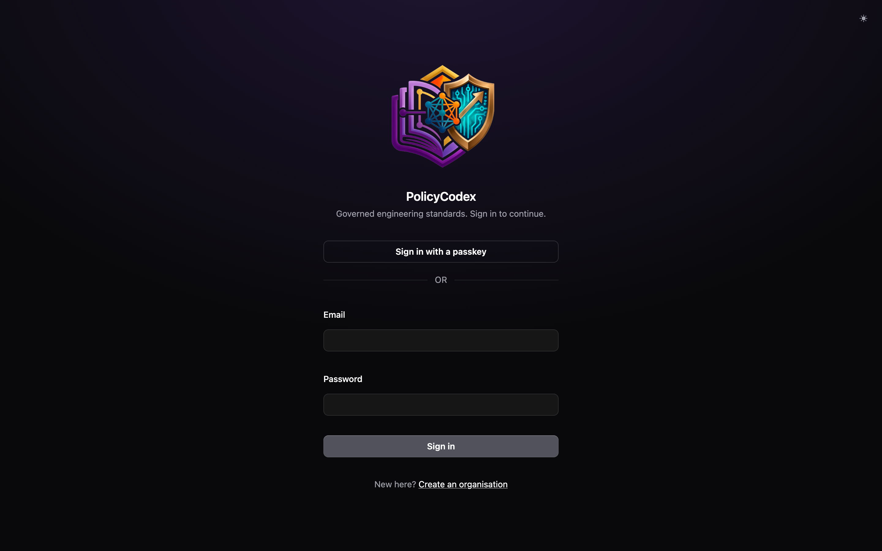 The PolicyCodex sign-in screen with passkey and email/password options