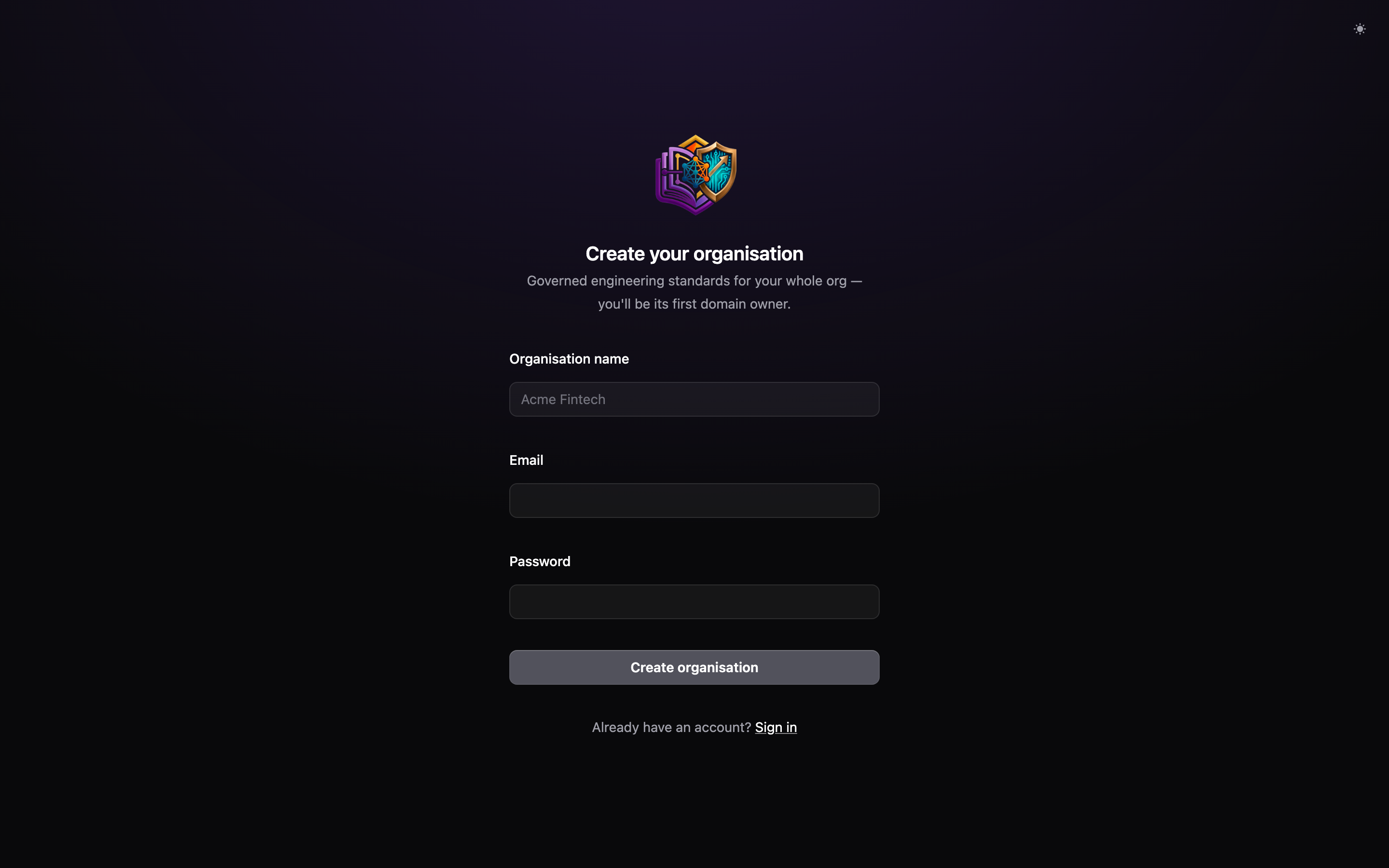 The PolicyCodex sign-up screen for creating a new organisation